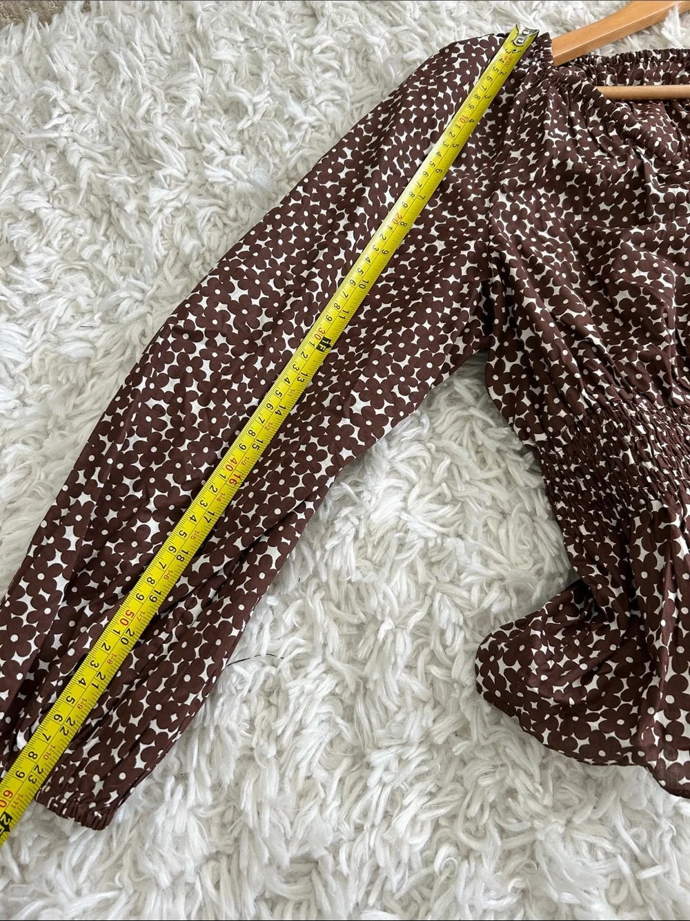 J. Crew Brown and White Printed Smocked Waist Blouse